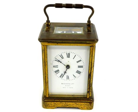 A French brass carriage clock for Bennetfink &amp; Co, London, enamel dial bearing Roman numerals, no key, 11.5cm H, 8cm W, 7