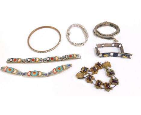 Various costume jewellery bracelets,  including two micro-mosaic bracelets, a silver floral enamel bracelet, silver plated hi