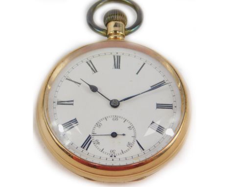 A 9ct gold cased gentleman's pocket watch, open faced, keyless wind, enamel dial bearing Roman numeral, subsidiary seconds di