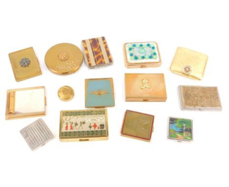 A Clover musical compact, brass musical compact set to the lid with a teddy bear, an RAF brass and enamel compact, Agme lipst