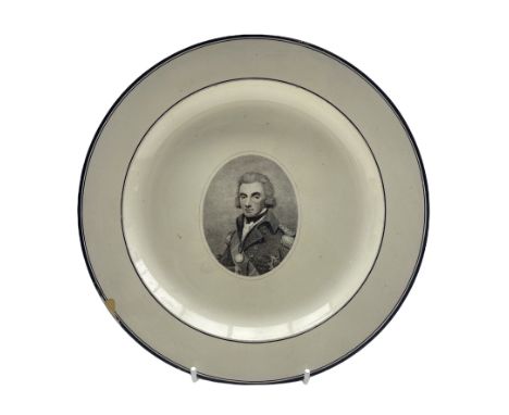 Early 19th century Herculaneum creamware circular plate printed in black with an oval bust portrait of Nelson with black line