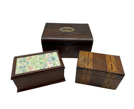 Victorian dome top mahogany work box with brass handle and shield shape escutcheon L30cm, a Victorian Tunbridge banded two di
