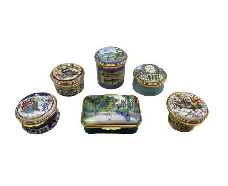 Six Halcyon Days enamel boxes comprising 'The Compleat Angler', 'A Special Thank You', 'We Must Cultivate our Garden', 'Chris