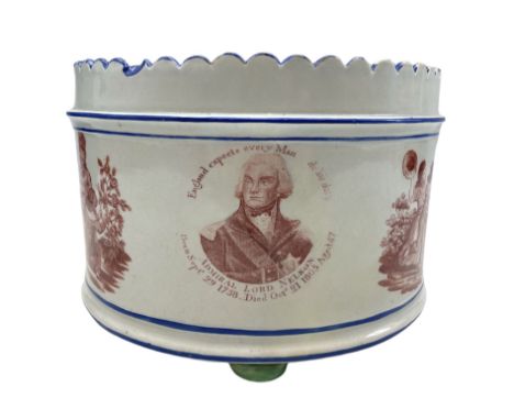 Early 19th century Herculaneum demi lune bough pot with crimped rim printed with a bust portrait of Nelson and inscription 'E