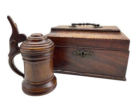 Early19th century mahogany tea caddy with divided interior L24 cm and a treen lidded mug H15cm
