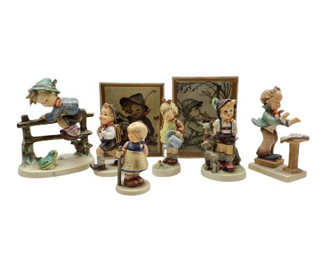 Hummel figures including 'Retreat to Safety' no. 201, 'Little Goat Herder' no. 200, 'Pixie' no. 768, three other figures and 