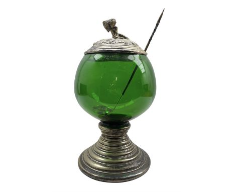 20th century green glass punch bowl with silver-plated mounts, cover and pedestal base, together with a 19th century ladle (2