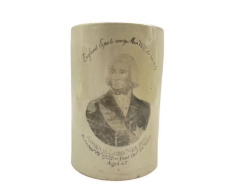 Early 19th century creamware mug printed in black with a bust portrait of Nelson with inscription H12cm