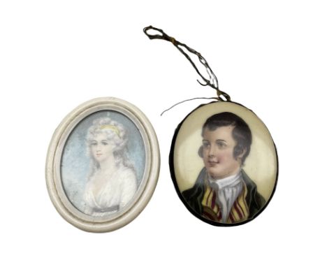 Miniature oval portrait on ivory, half length, of a lady in an ivory frame 5.5cm x 4cm and another miniature portrait