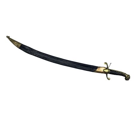 19th century short sword, possibly Continental, with slightly curved blade, brass hilt and ribbed grip in leather scabbard, b