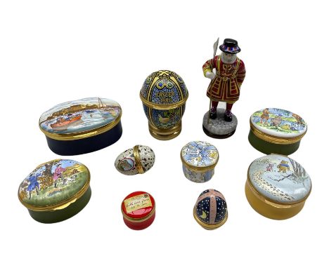 Ten enamel trinket boxes comprising five Halcyon Days: 'Yeoman Gaoler', 'With Love from me to You', 'May all your Dreams come
