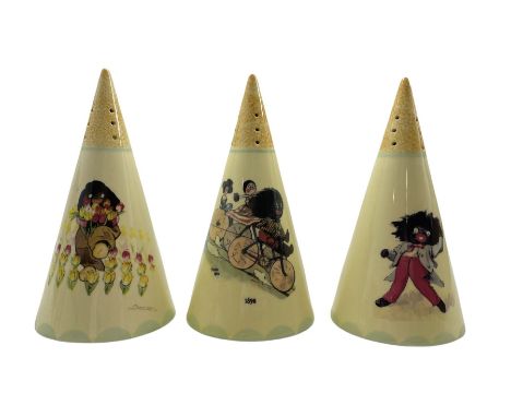 Three Carlton Ware Robertson's Golly conical shaped sifters, two limited edition no. 29/75 &amp; 9/50 and one sample piece (3