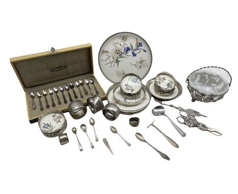 Cased set of twelve German Gero plated coffee spoons, set of nine continental ceramic coasters with plated frames, plated sug