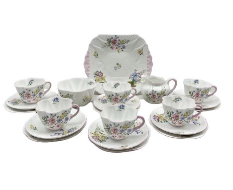 Shelley Wild Flowers pattern tea set comprising six cups and saucers, six plates, milk jug, sugar bowl and bread and butter p