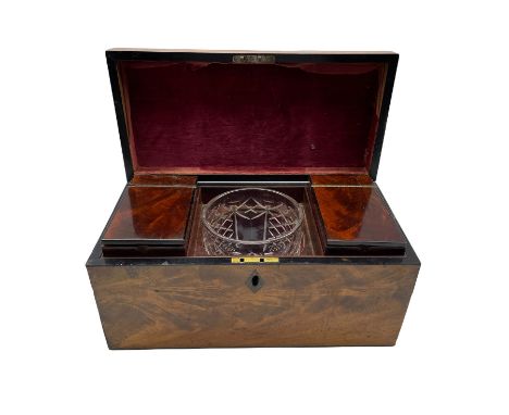 George III figured mahogany tea caddy, with white metal handle and inlaid lozenge shaped escutcheon, the hinged cover enclosi