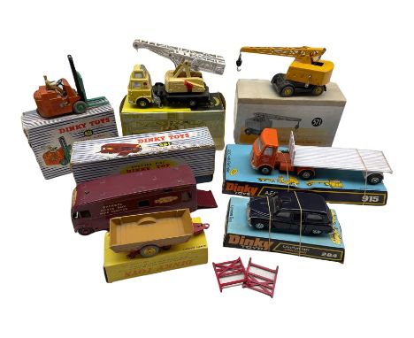 Seven Diecast model vehicles by Dinky Toys comprising Coventry climax fork lift truck 401, horse box 981, harvest trailer 320