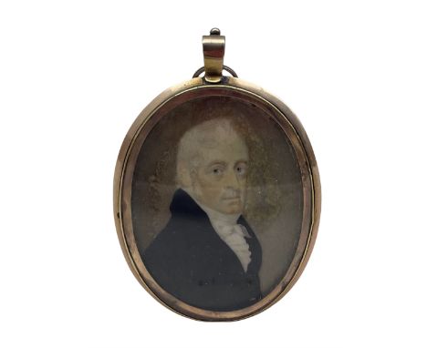 19th century oval head and shoulders miniature portrait on ivory of a gentleman wearing a black frock coat and white stock in