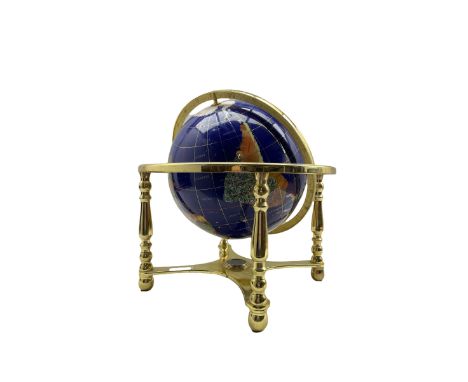 Semi-precious stone inlaid globe on gilt brass stand D50cm approx