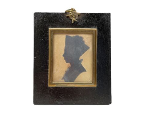 19th century silhouette head and shoulders portrait of a lady 7.5 x 6cm in ebonised frame
