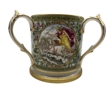 Copeland three handled tyg commemorating Nelson's centenary retailed by T Goode &amp; Co with a central portrait of Nelson fl