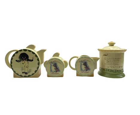 Carlton Ware Robertson's Golly matched three piece tea set and biscuit barrel, all limited edition of 100