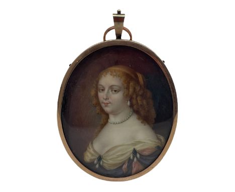 19th century oval head and shoulders miniature portrait on ivory of a lady with ringlets in her hair in gilt frame 8cm x 6.5c