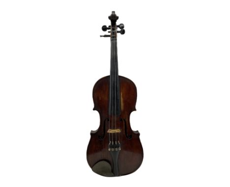 19th century violin, the button inset with an enamelled portrait, possibly the Madonna, the wooden pegs inset with mother of 