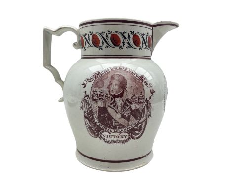 Early 19th century pearlware jug printed in puce with a portrait of Nelson and emblems, the reverse with a painted trade cres
