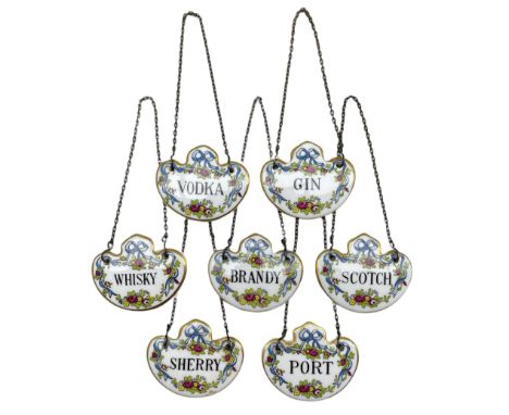 Set of seven Coalport porcelain decanter labels: Brandy, Port, Whisky, Gin, Sherry, Scotch and Vodka (7)