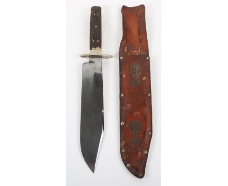 George Wostenholm &amp; Son Ltd Bowie Knife, fine example with stag horn two slab grips. Housed in its studded leather covere