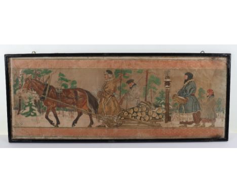 Polish Print by Gustav Pillati c1928, shows soldier and civilians following a horse carrying a sleigh full of logs along wint