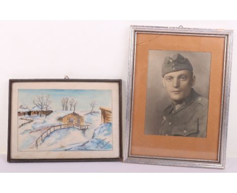 WW2 German Soldiers Sketch of the Russian Front, interesting framed and glazed sketch by F Wamser, shows a Russian village in
