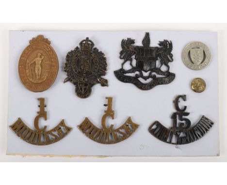 Grouping of OTC and Cadets Badges and Insignia, consisting of blackened brass London Rifle Brigade Cadets cap badge, City of 