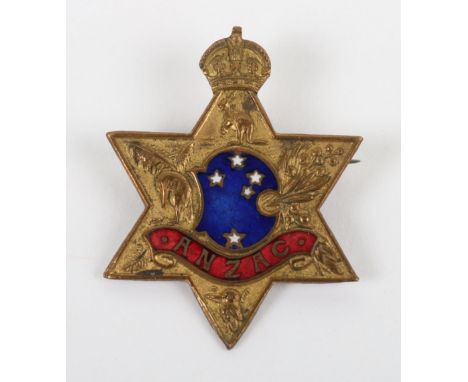 Gilt Metal ANZAC Lapel Badge of Victoria Cross Interest, gilt and enamel lapel badge with the reverse having engraved “FROM C