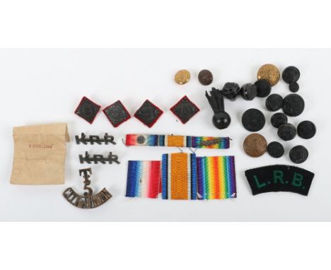 WW1 London Rifle Brigade Badge and Insignia Grouping, consisting of embroidered regimental shoulder title, blackened brass T/