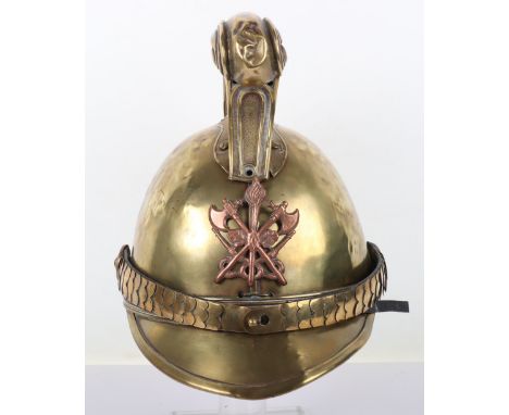 French Brass Fire Helmet, good example of a brass dress helmet with large central comb fitting. Scaled leather backed chinstr