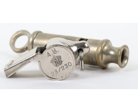 WW2 British Air Ministry Issue Whistles, being the Metropolitan type and Thunderer type, both with crowned AM Air Ministry ma