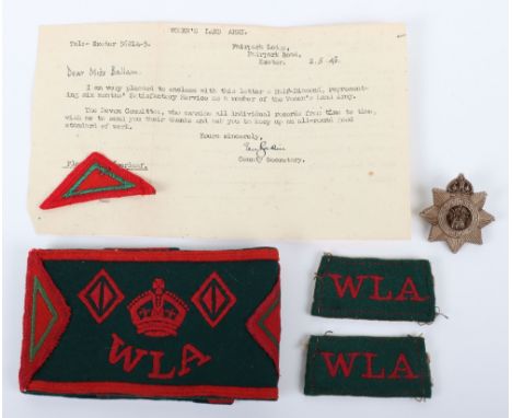WW2 British Women’s Land Army (W.L.A) Badge and Insignia Grouping, consisting of plastic proficiency badge, felt arm band wit