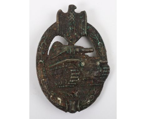 WW2 German Panzer Assault Badge in Bronze, hollow back example with the original pin and catch fixing. Badge has been ground 
