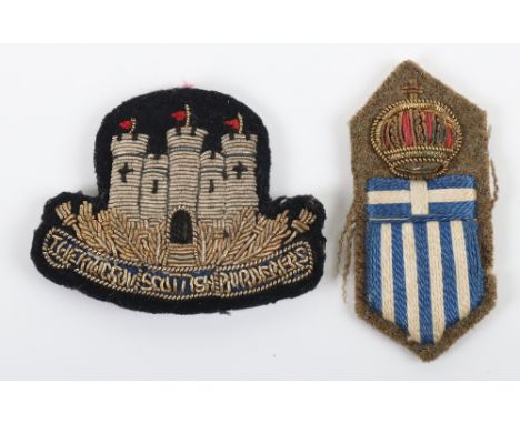 WW2 Military Mission Greece Formation Sign, fine embroidered example accompanied by a KOSB bullion embroidered collar badge. 