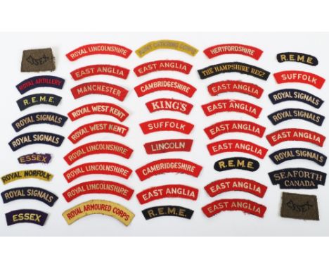 Quantity of British Cloth Shoulder Titles, including WW2 printed Royal Armoured Corps, embroidered Royal Lincolnshire, embroi