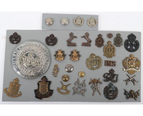 Grouping of Indian Army Badges, including 15th Battalion Frontier Rifles Plaid Brooch, pair of bronze OSD Deccan Horse collar