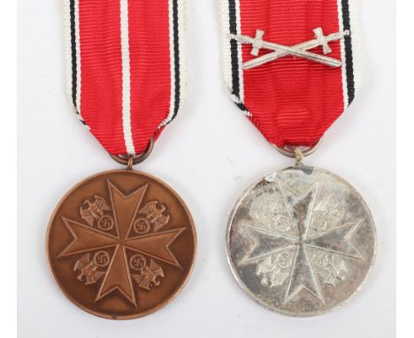 Third Reich Eagle Order Medals, including a bronze medal and a silver medal with swords to the ribbon. Both appear to be Rudo