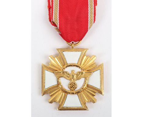 Third Reich NSDAP 25 Year Long Service Medal, gilt and white enamel award. Complete with its ribbon. Good overall condition. 