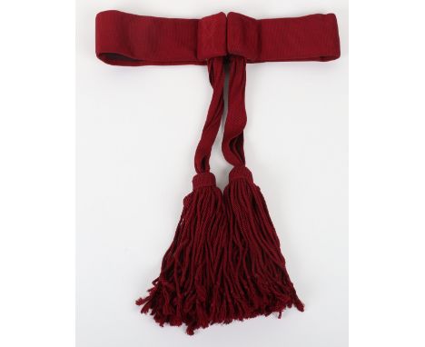 Victorian / Edwardian British Officers Dress Sash, crimson cloth waist sash with two hang down tassels. Brass buckle fitting 