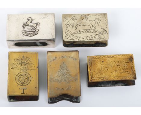 5x WW1 Trench Art Matchbox Covers, four being brass examples with engraved details of the owner or regimental information, on