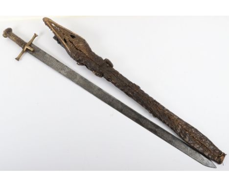 Sudanese Sword Kaskara, Probably Sudan Campaign Period, broad straight double edge blade etched on both sides with panels con