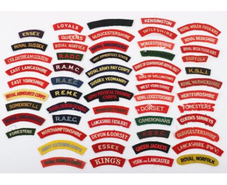 Quantity of British Cloth Regimental Shoulder Titles, including Royal Irish Fusiliers, Essex, Hertfordshire, Army Physical Tr