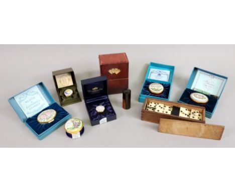A collection of six Halcyon Days and Crummles enamel boxes, set of bone and ebony dominoes, late 19th century, in wooden case
