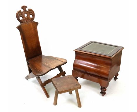 An early Victorian mahogany step commode, with later inset hinged top, ceramic liner, later inset pull-out step, on turned le